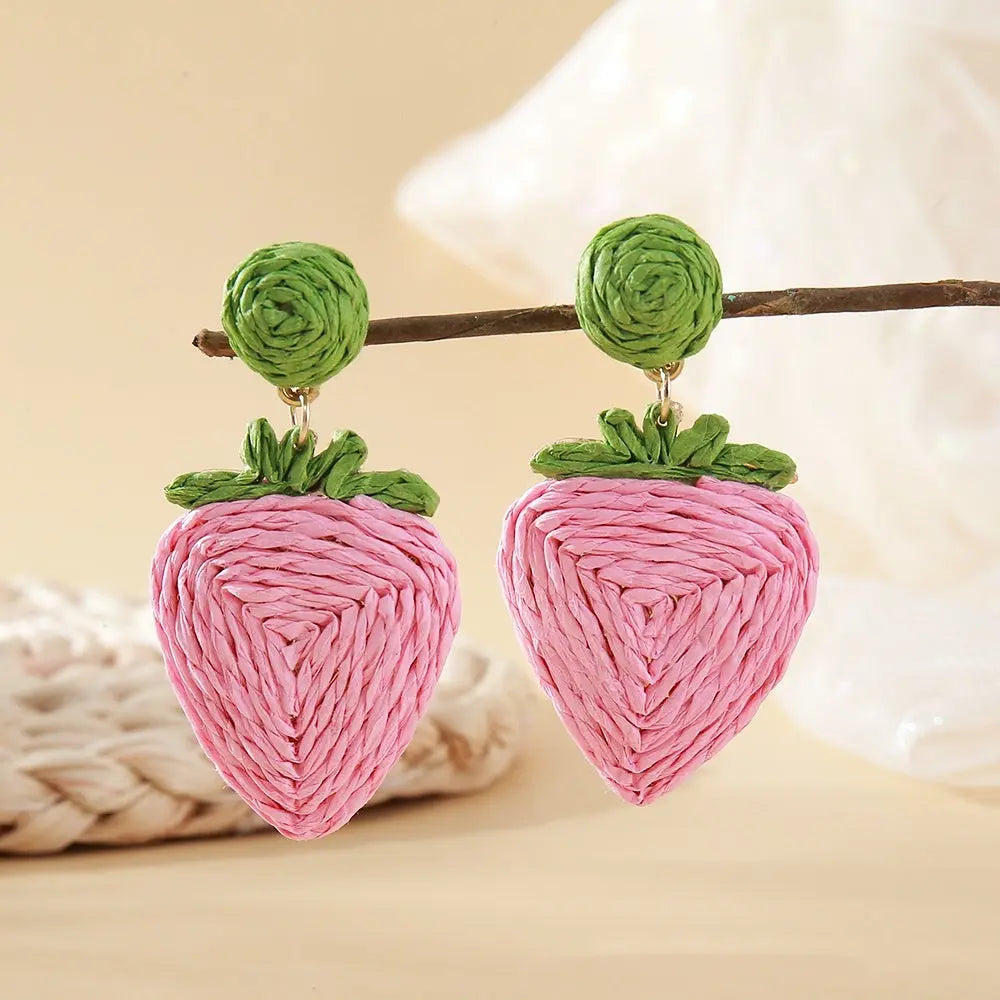 Raffia Woven Strawberry Earrings Vacation Style Angel Wishes