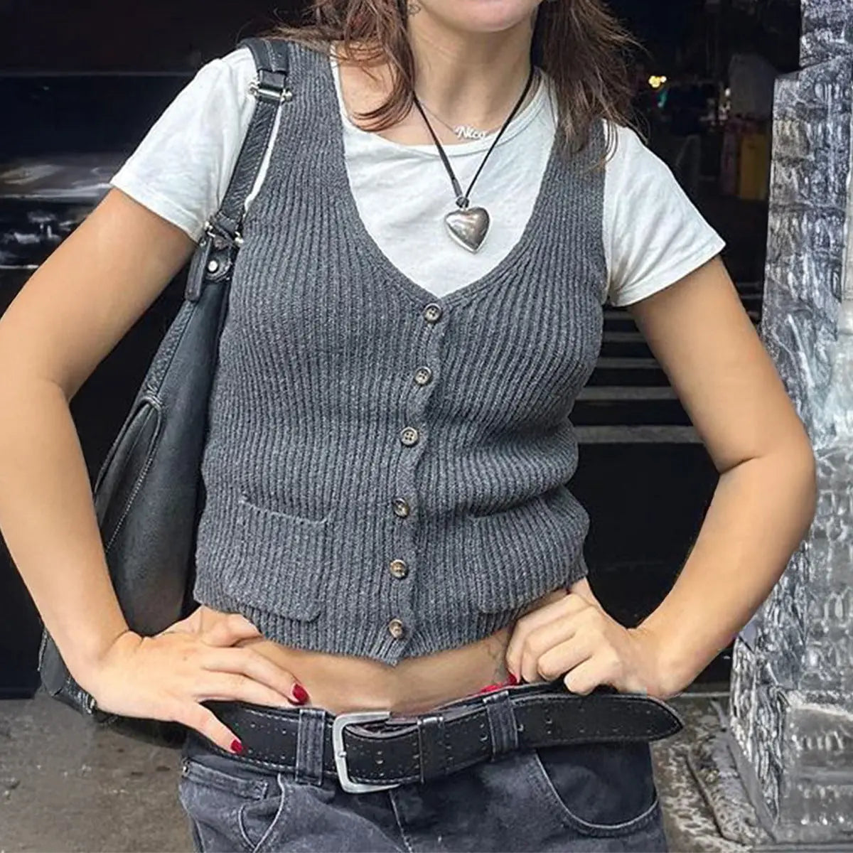 Street V-neck Cardigan Woolen Vest Top Women's Clothing Angel Wishes