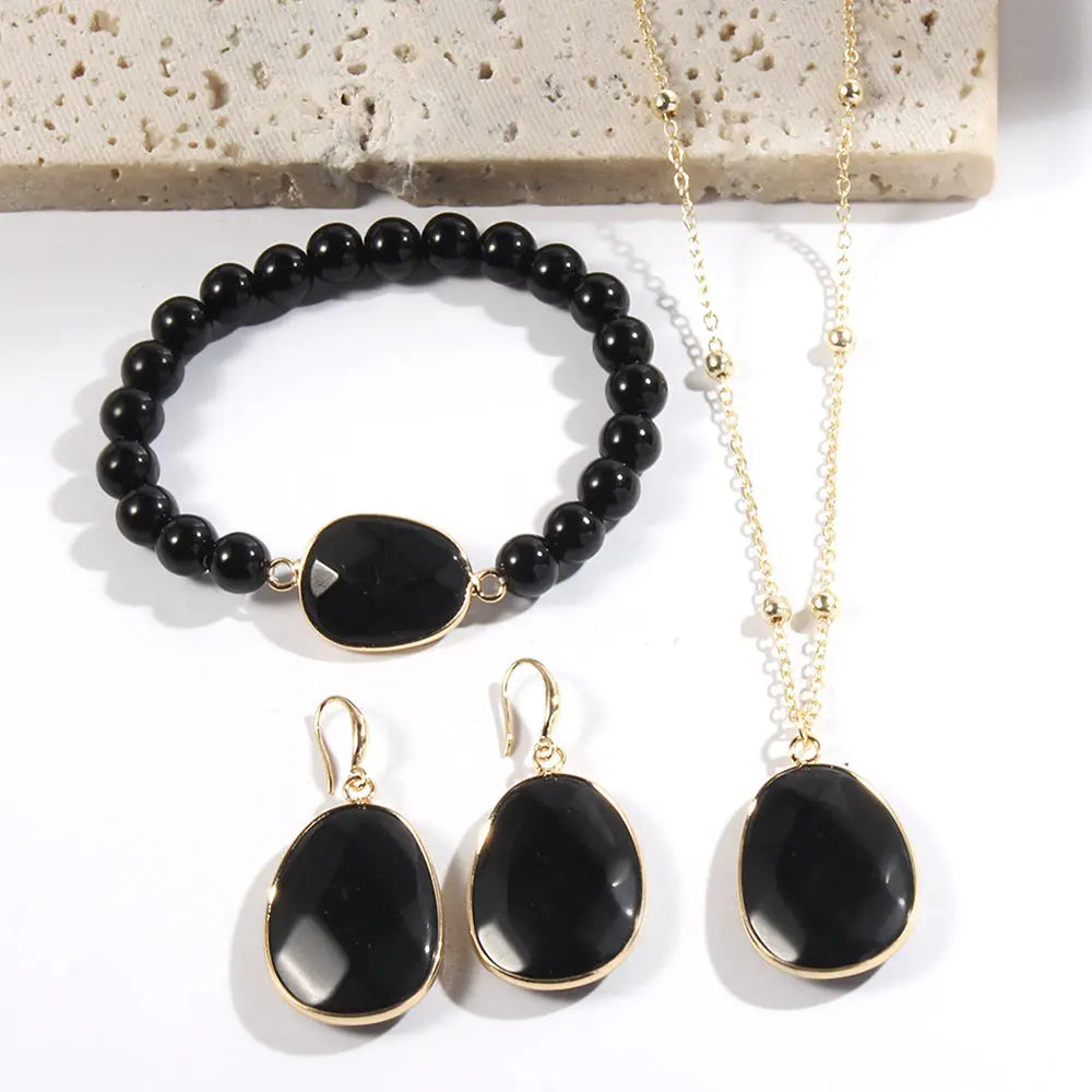 Gold Chain Necklace Natural Stone Bracelet Earrings Women's Jewelry Set Angel Wishes