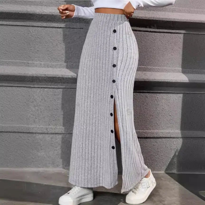 Women Knitted Dress Sunken Stripe Slit Fastener Decoration Sheath Skirt Angel Wishes
