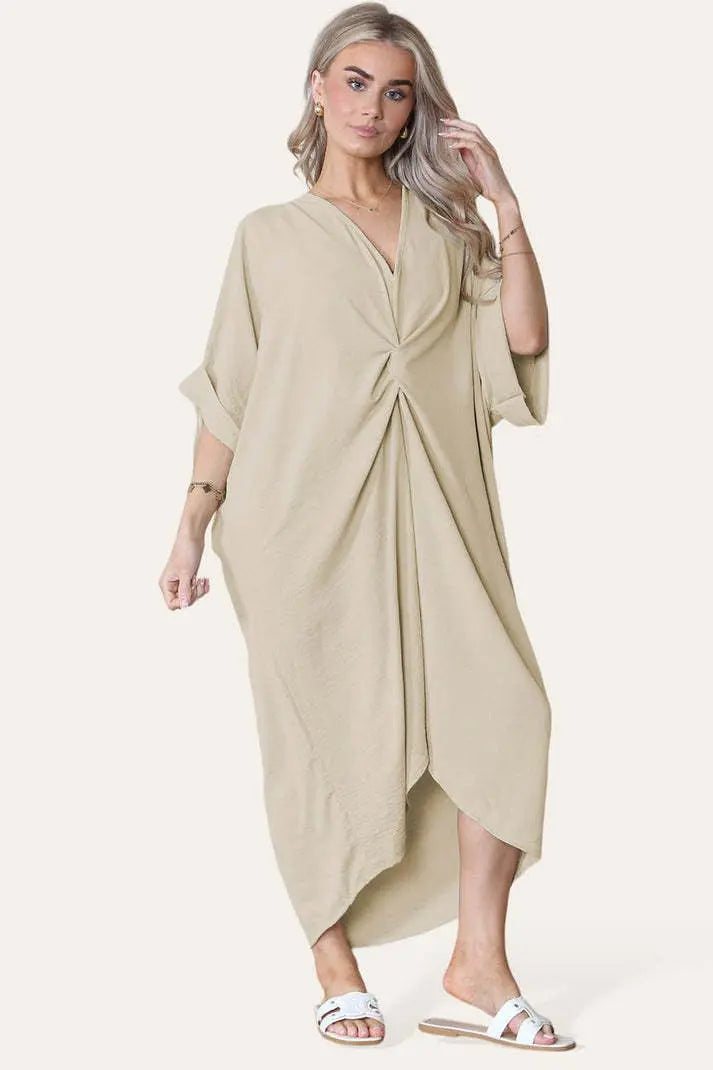 Womens V-Neck Tie Knotted Twisted Front Oversized Longline Midi Dress Angel Wishes