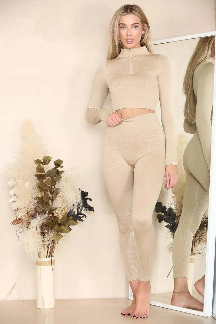 Ribbed Tracksuit Two Piece Set With Half Zip Detail Gym Loungewear Angel Wishes