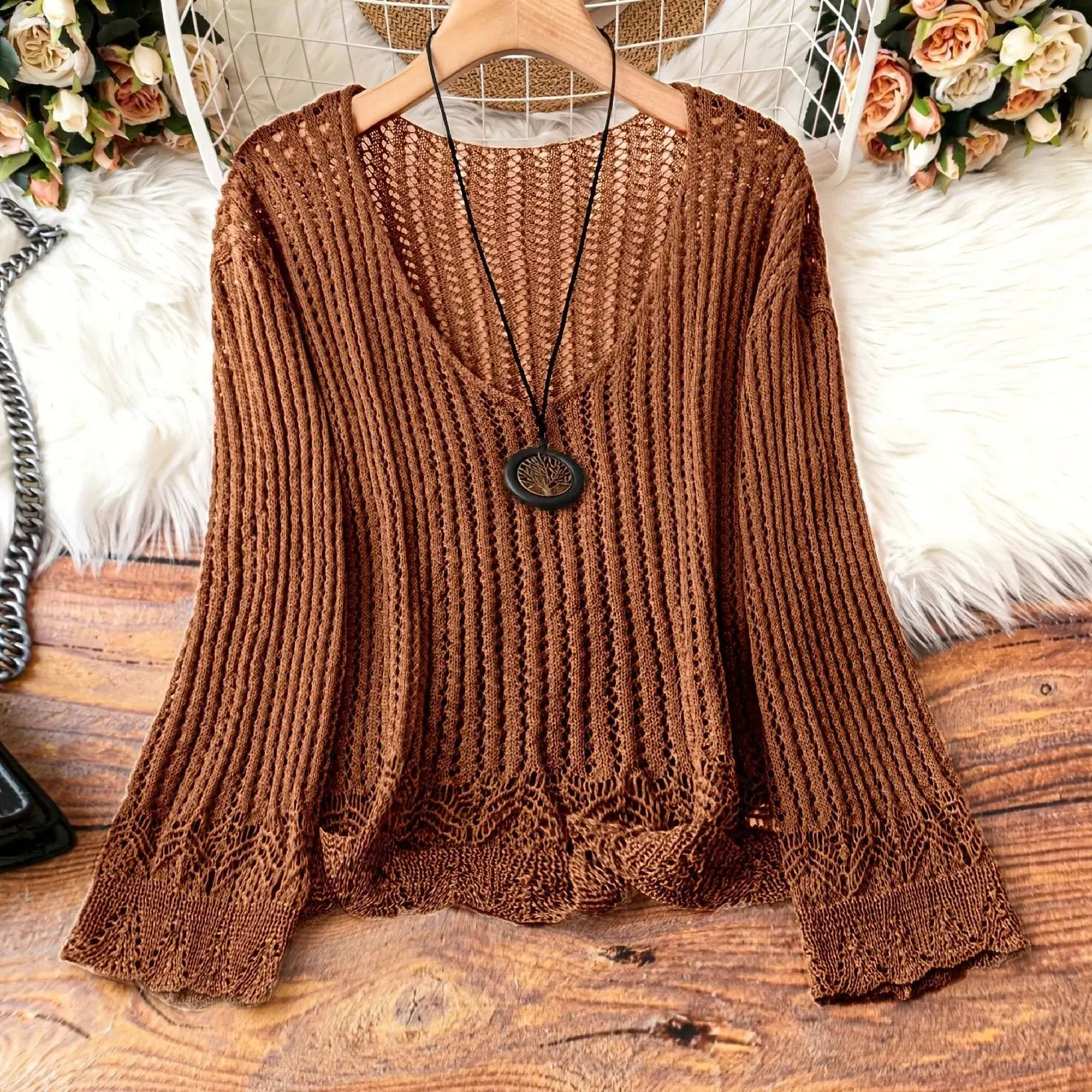 Hollow-out Spring And Summer Long Sleeves Knitted V-neck Plus Size Women's Long-sleeved Sweater Angel Wishes