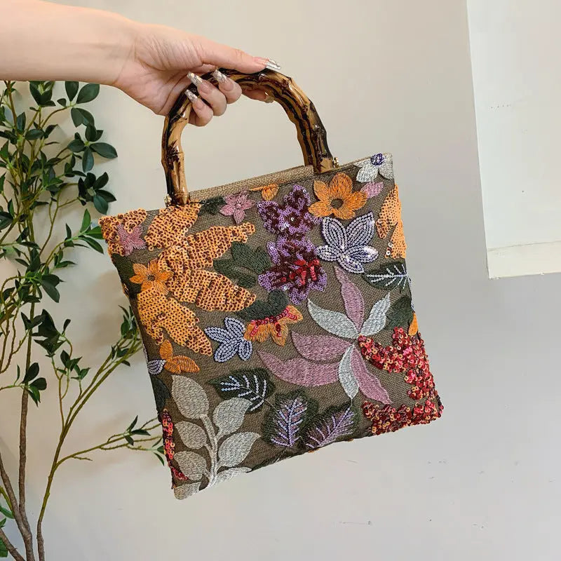 Colorful Sequins Vintage Embroidered Bamboo Handbag Angel Wishes