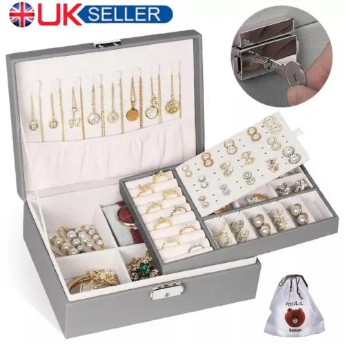 2 Layer Grey Jewellery Box Organizer Rings Necklaces Jewellry Storage Case Box Angel Wishes