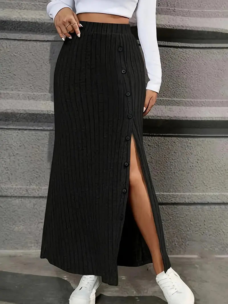 Women Knitted Dress Sunken Stripe Slit Fastener Decoration Sheath Skirt Angel Wishes