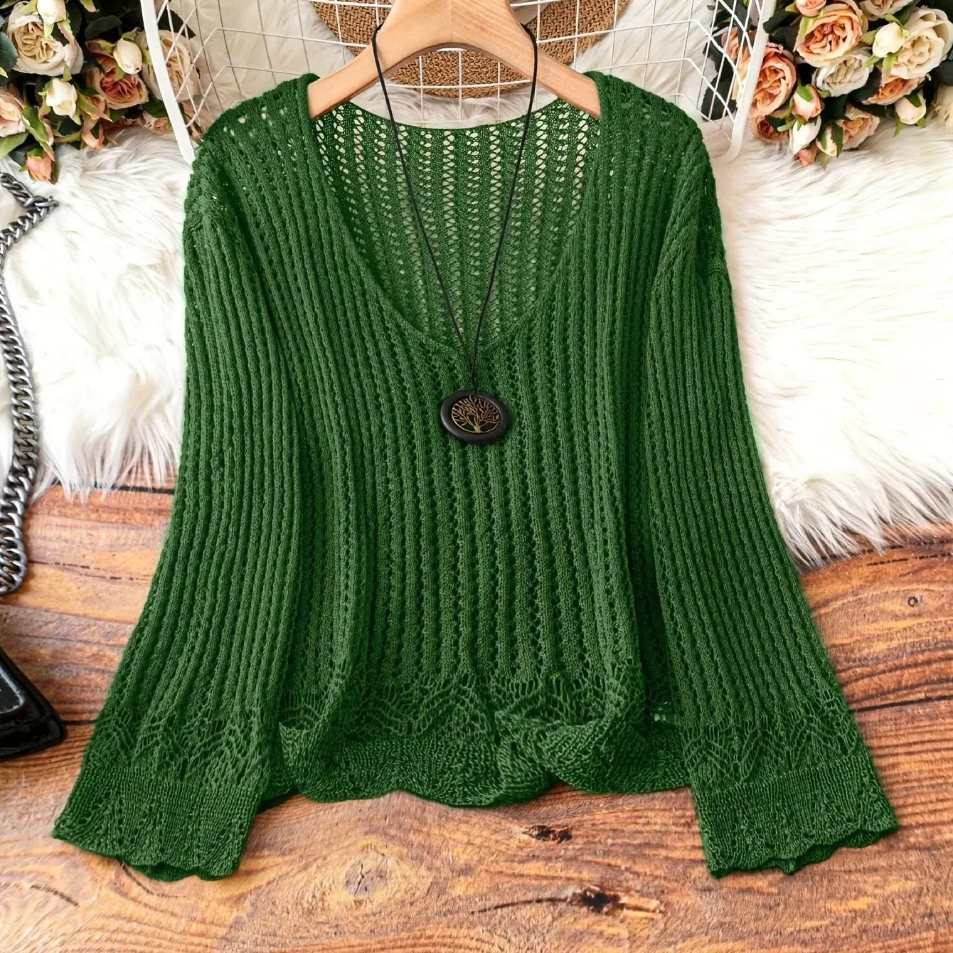 Hollow-out Spring And Summer Long Sleeves Knitted V-neck Plus Size Women's Long-sleeved Sweater Angel Wishes