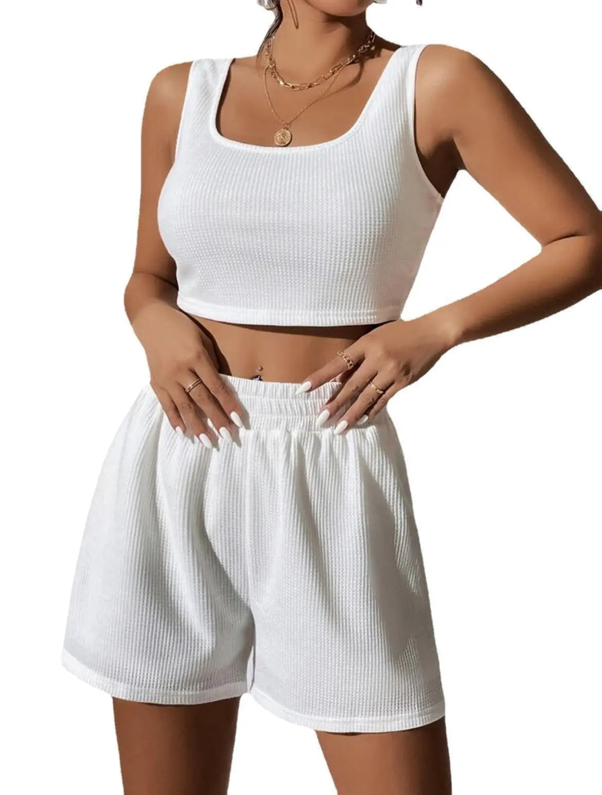 Sweet Knitted Suit Summer Square Neck Vest Top And Elastic Shorts Fashion Casual Solid Color 2Pcs Set Womens Clothing Angel Wishes