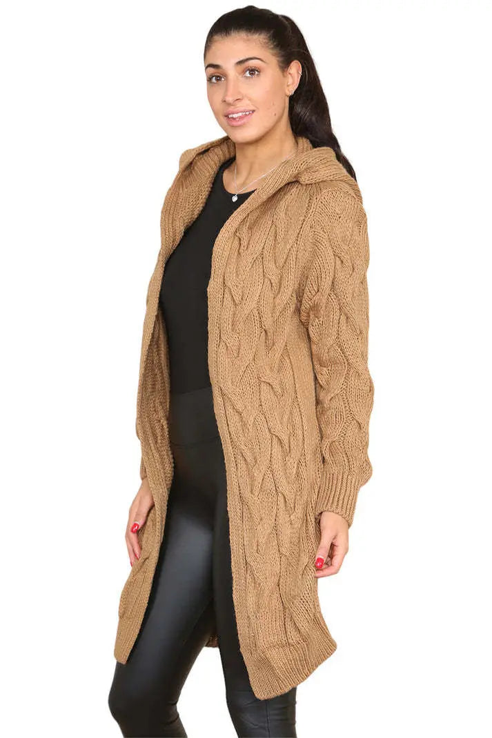 Knitted Cables Hooded Long Over Sized Cardigan Angel Wishes