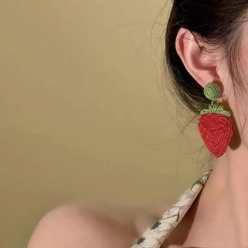 Raffia Woven Strawberry Earrings Vacation Style Angel Wishes