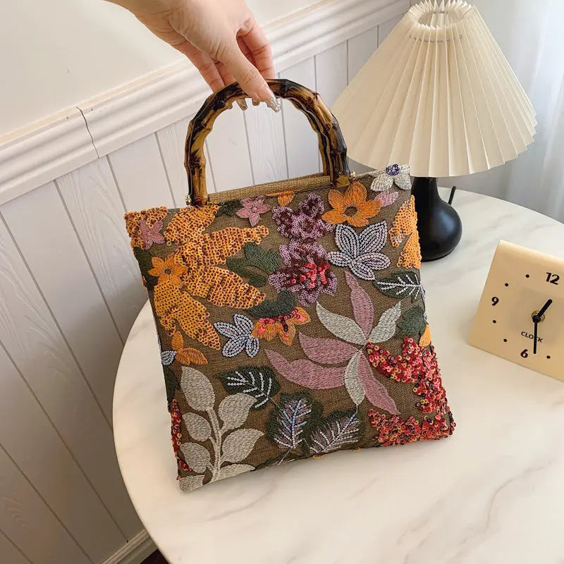 Colorful Sequins Vintage Embroidered Bamboo Handbag Angel Wishes