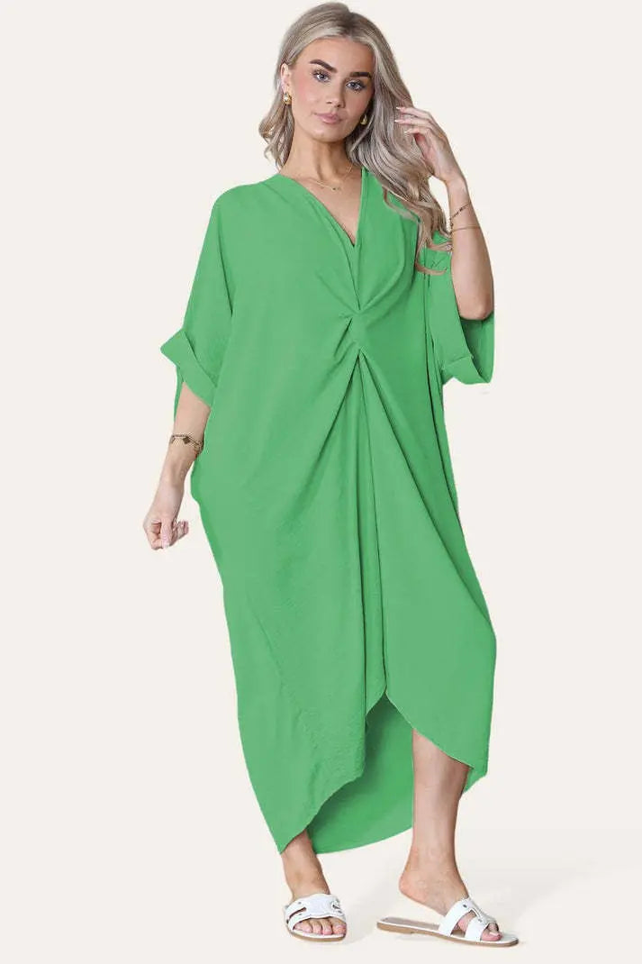 Womens V-Neck Tie Knotted Twisted Front Oversized Longline Midi Dress Angel Wishes