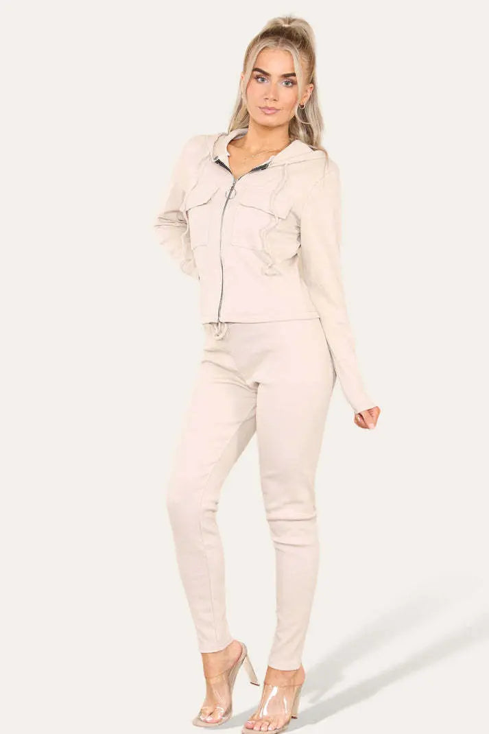 Front Pocket Zip Suit Ribbed Hooded Lounge Wear Set Angel Wishes