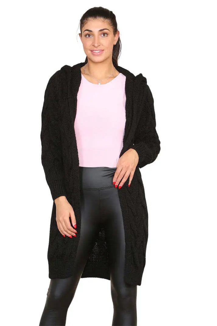 Knitted Cables Hooded Long Over Sized Cardigan Angel Wishes