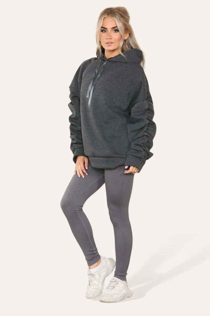 Oversized Ruched Sleeves Hoodie With Satin Ribbon Angel Wishes