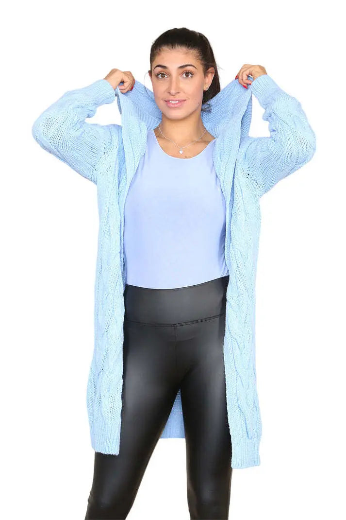 Knitted Cables Hooded Long Over Sized Cardigan Angel Wishes