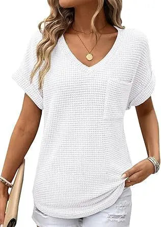 V-neck Summer Short Sleeve Waffle Pocket Shirt Angel Wishes