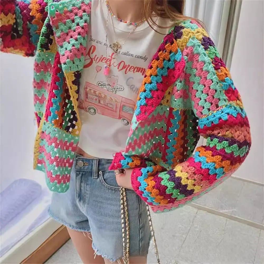 Sweet Heavy Industry Color Woven Crochet Loose Slim Long Sleeve Sweater Angel Wishes