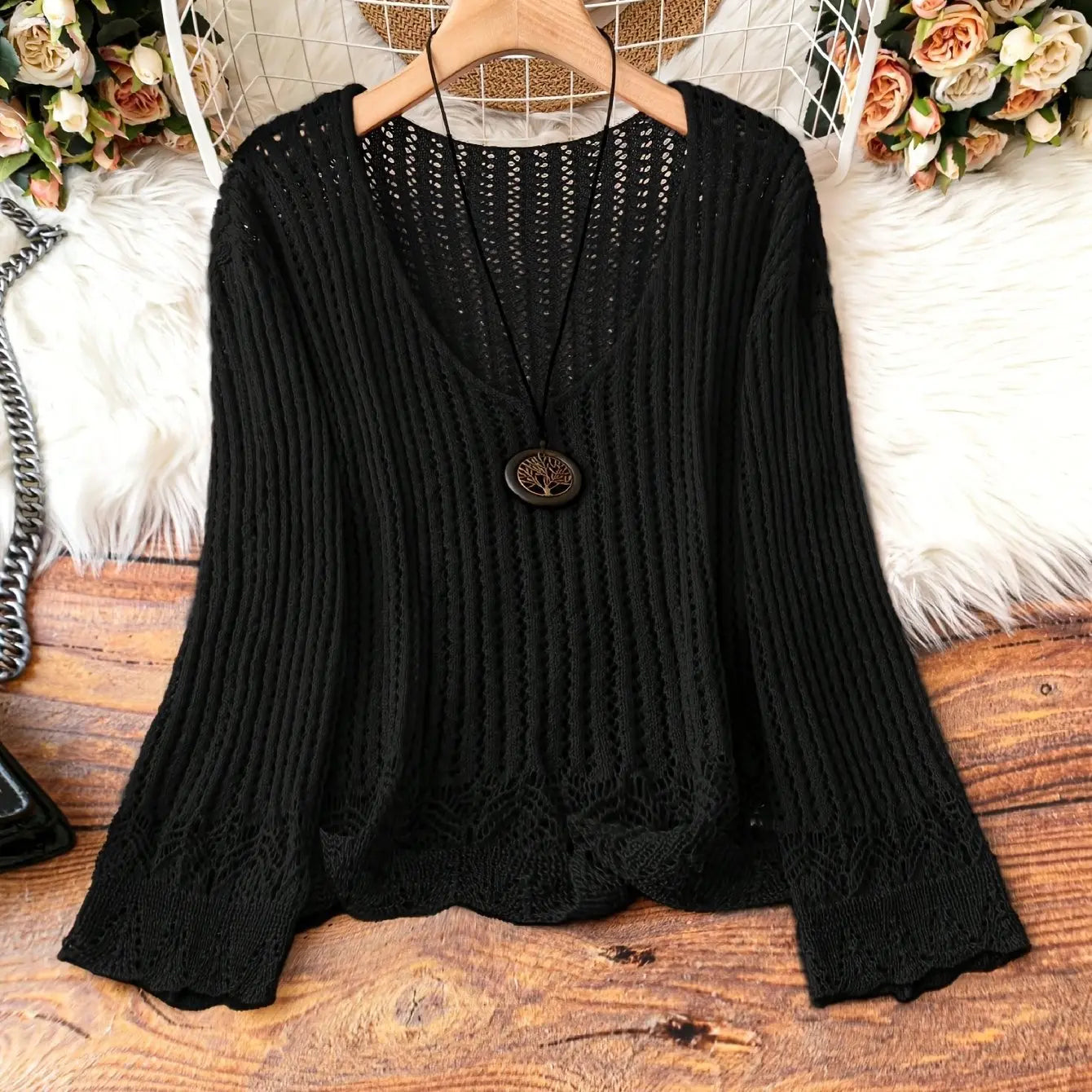 Hollow-out Spring And Summer Long Sleeves Knitted V-neck Plus Size Women's Long-sleeved Sweater Angel Wishes