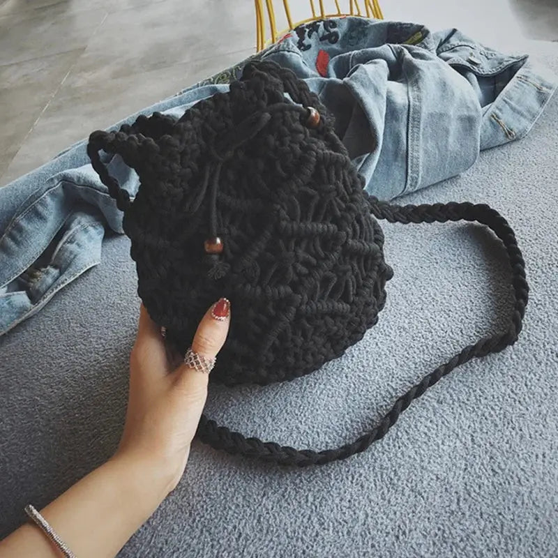 Women's Round Diagonal Cotton Crochet Tassel Small Bag Angel Wishes