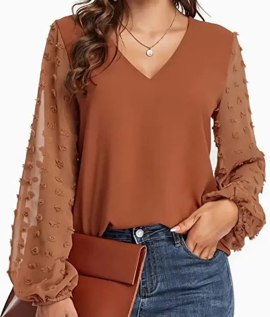 Swiss Dot V Neck Shirt - Soft, Breathable, Casual Solid Shirt For Spring And Fall Season, Women's Clothing With Relaxed Fit And Classic Style Angel Wishes