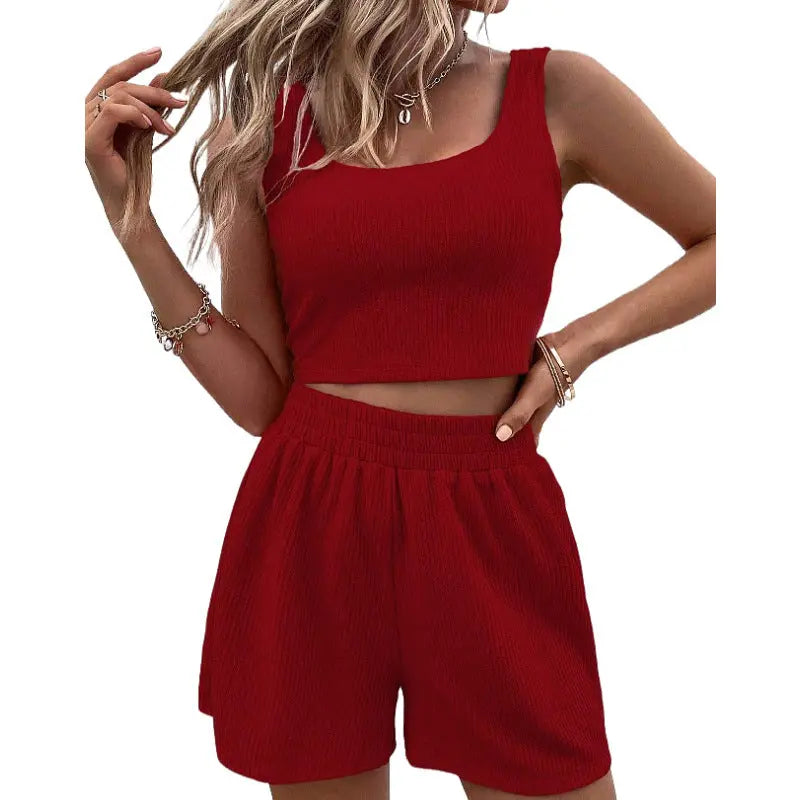Sweet Knitted Suit Summer Square Neck Vest Top And Elastic Shorts Fashion Casual Solid Color 2Pcs Set Womens Clothing Angel Wishes
