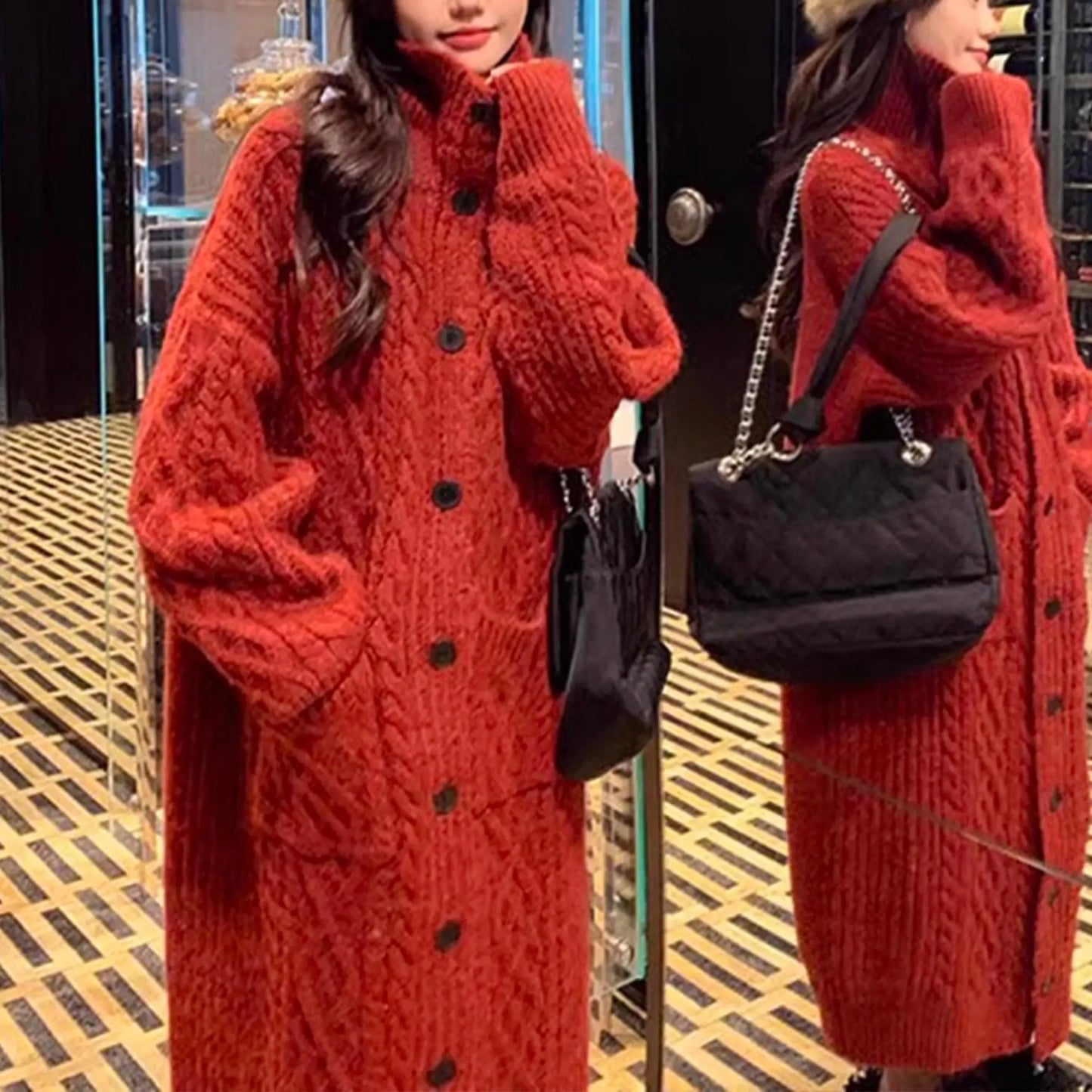 High Collar Thickened Twist Sweater Coat, Gray Cozy Over-knee Knitted Cardigan Long Sweater, Boho Women Sweater, Womens Winner Clothing Angel Wishes