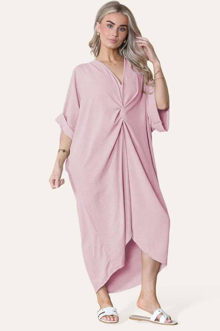Womens V-Neck Tie Knotted Twisted Front Oversized Longline Midi Dress Angel Wishes