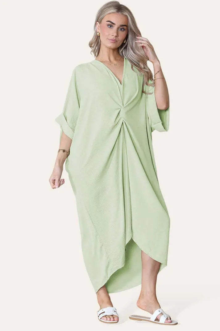 Womens V-Neck Tie Knotted Twisted Front Oversized Longline Midi Dress Angel Wishes