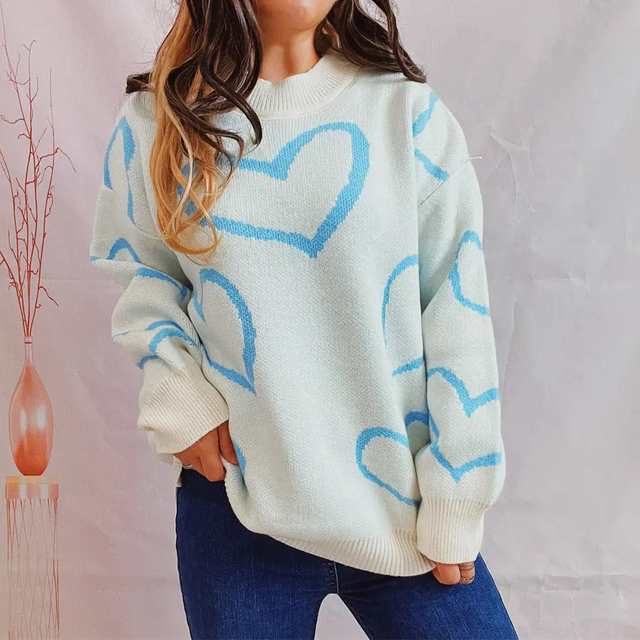 Love Pattern Sweater Round Neck Long Sleeve Angel Wishes