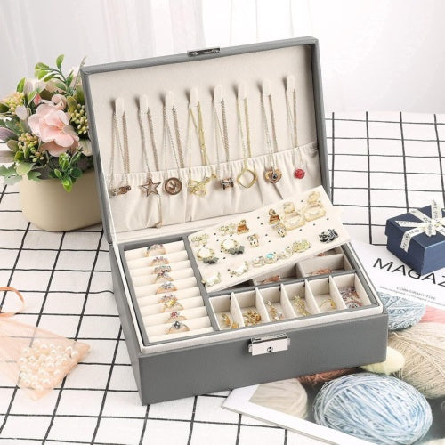 2 Layer Grey Jewellery Box Organizer Rings Necklaces Jewellry Storage Case Box Angel Wishes