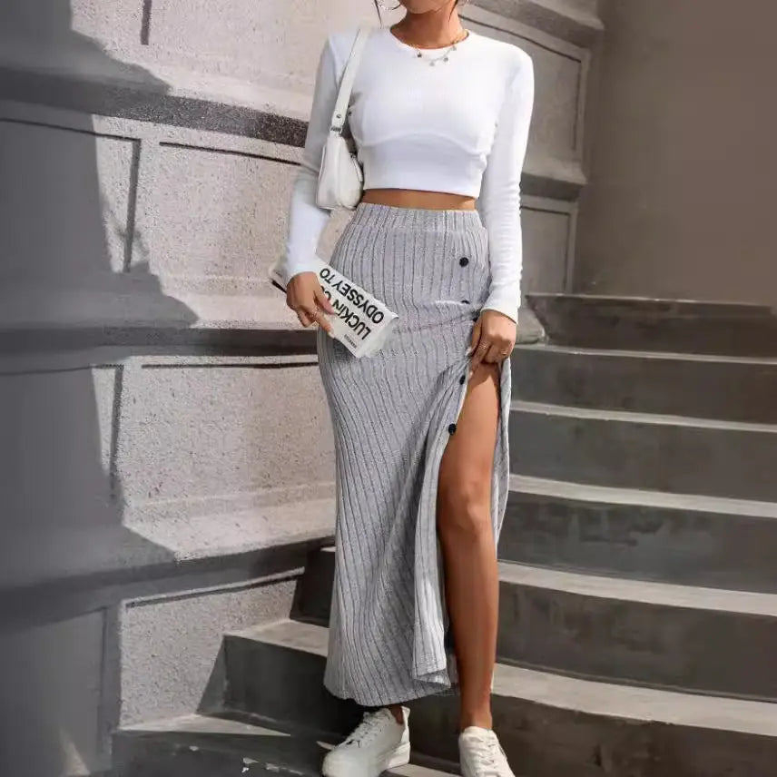 Women Knitted Dress Sunken Stripe Slit Fastener Decoration Sheath Skirt Angel Wishes