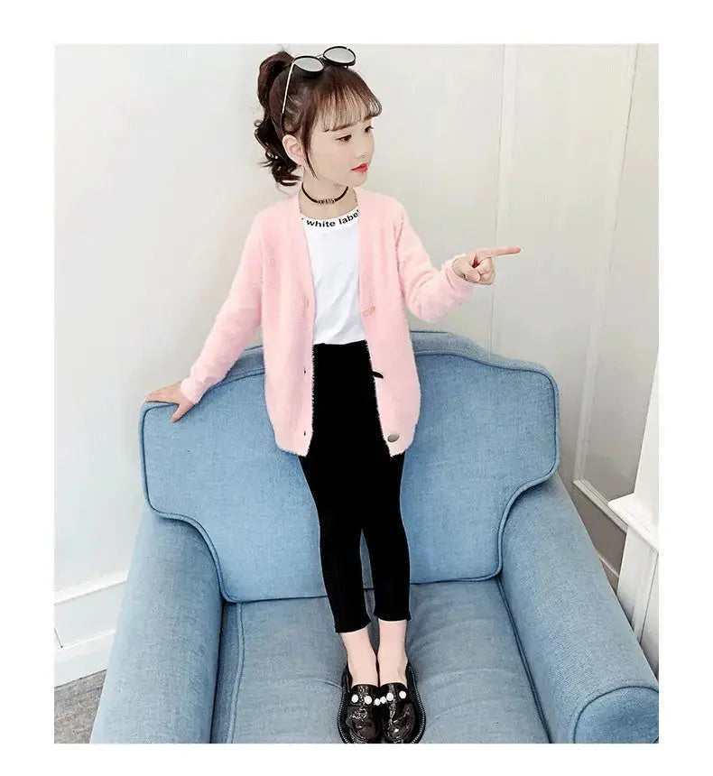 Girls" spring sweater imitation mink fur coat spring and autumn new middle and big boys girls" Korean mink cardigan Angel Wishes