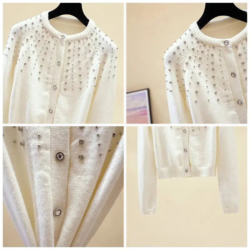 Autumn and winter new knitted cardigan women's jacket round neck beaded heavy high waist short thick base sweater sweater net red tide Angel Wishes