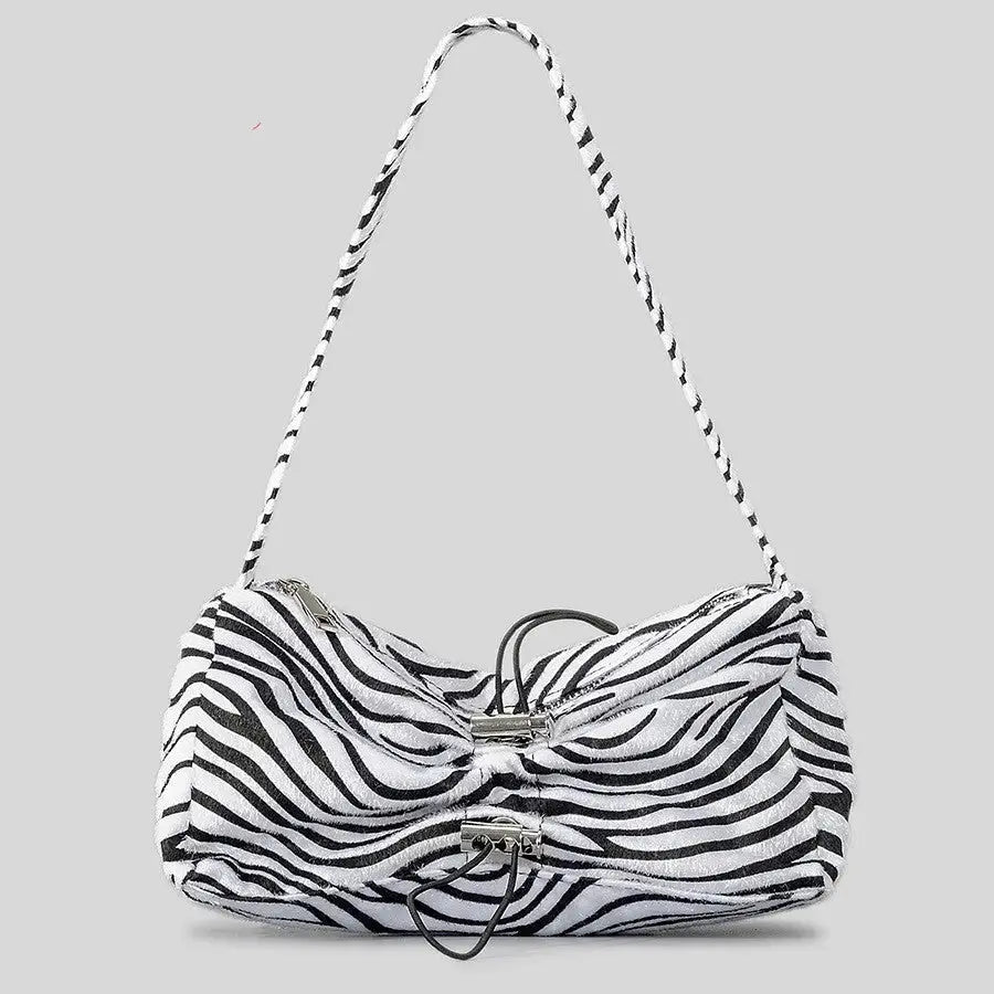 Autumn And Winter Drawstring Ruffle Zebra Stripes Underarm Bag Women Angel Wishes