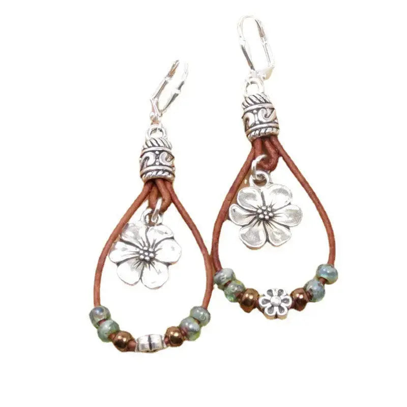 Bohemian Style Leather Rope Flower Beaded Earrings Angel Wishes
