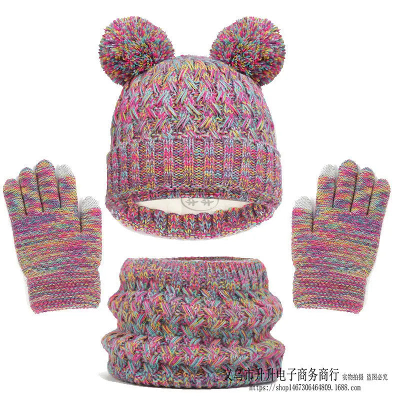 Children's Autumn And Winter Fleece-lined Thickened Double Ball Hat Scarf Gloves Three-piece Set Angel Wishes