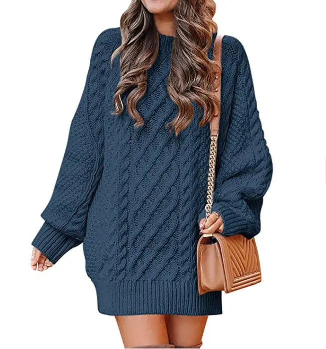 Women's Round Neck Long Sleeve Twisted Knitted Mid-length Dress Sweater Angel Wishes