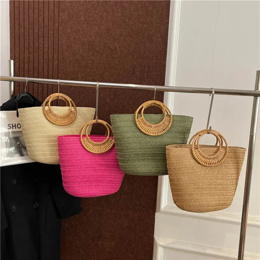 Seaside Ins Style Straw Bag Large Capacity Round Portable Angel Wishes