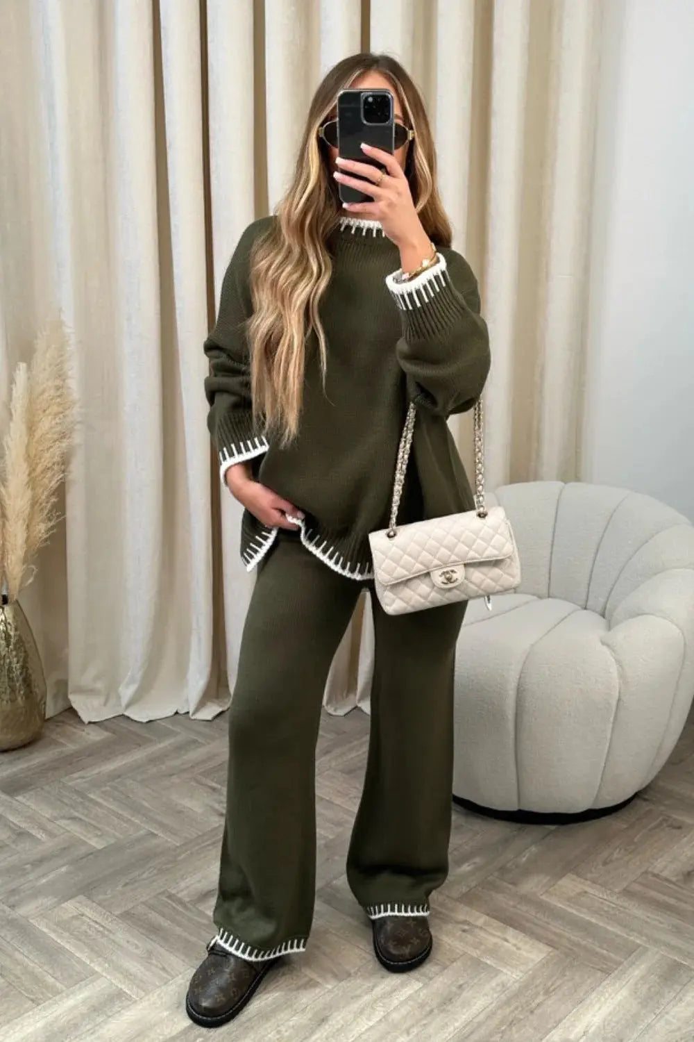 Women's Suit Fashion Pullover Split Long-sleeved Top And Loose Straight Pants Solid Color Two-piece Set Angel Wishes