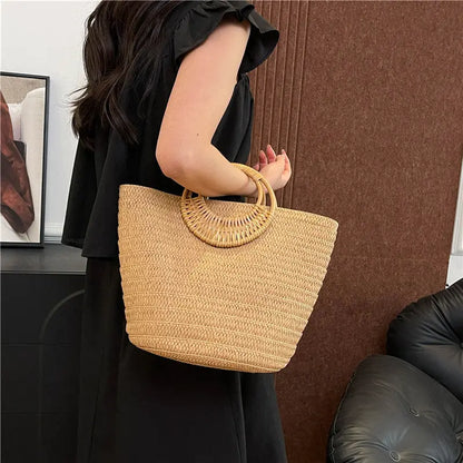 Seaside Ins Style Straw Bag Large Capacity Round Portable Angel Wishes