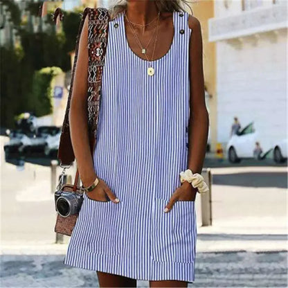 Summer Fashion Striped Patchwork Commuting U-Neck Sleeveless Pockets Back Button Casual Straight Slimming Mini Dress For Women Angel Wishes