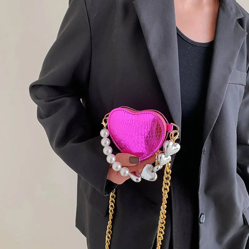 Mini Love-shape Pearls Handbag Fashion Cute Chain Lipstick Bag Women's Bright Candy Color Shoulder Messenger Bag Angel Wishes