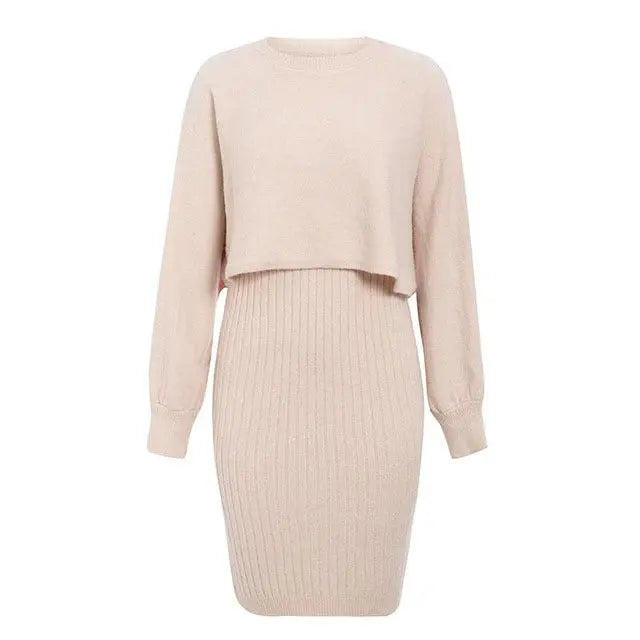 2pcs Knitted Dress Suit Fashion Solid Color Pullover Lantern-sleeved Sweater Fall Winter Women's Clothing Angel Wishes