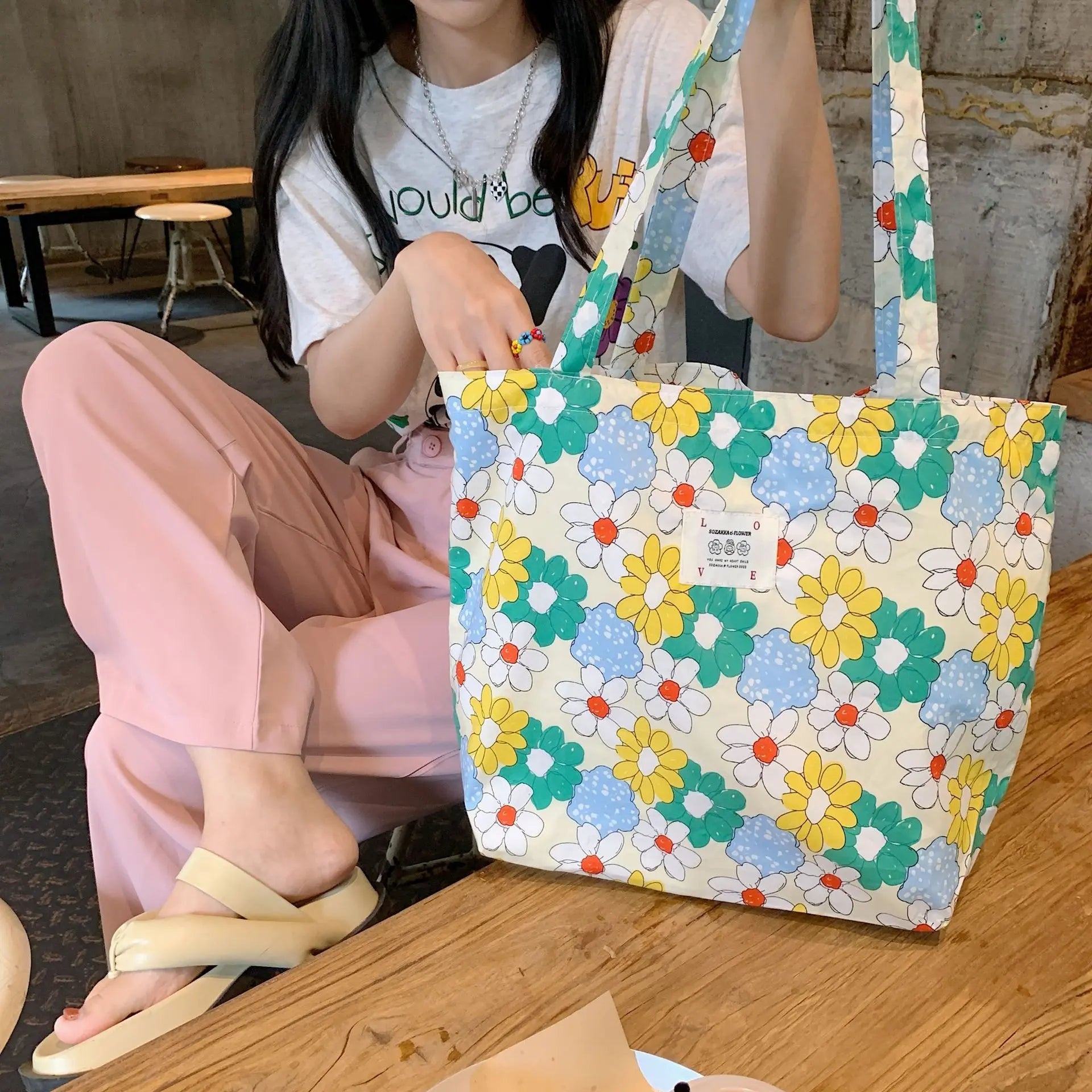 Floral Canvas Tote Bag Angel Wishes