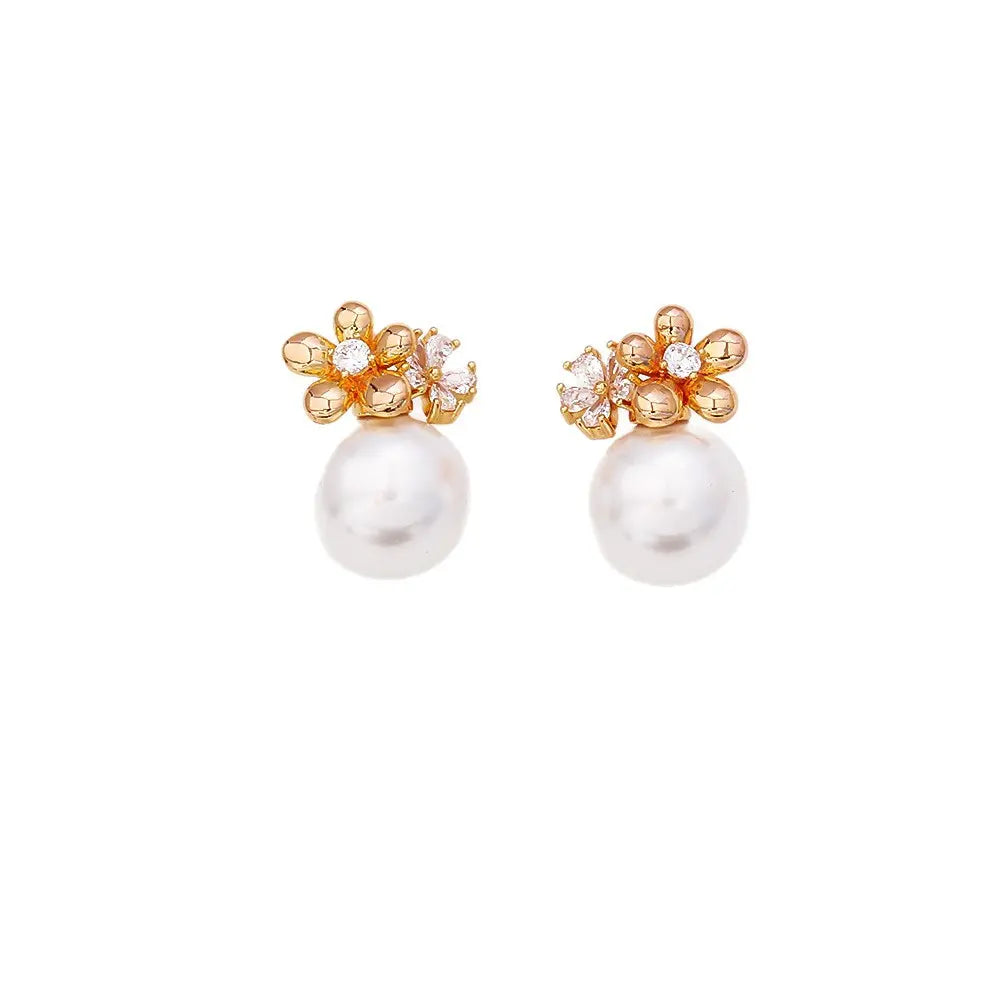 Flower Inlaid Zirconium Pearl Stud Earrings Fashion Exquisite And Versatile Angel Wishes