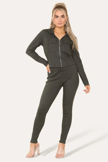Front Pocket Zip Suit Ribbed Hooded Lounge Wear Set Angel Wishes