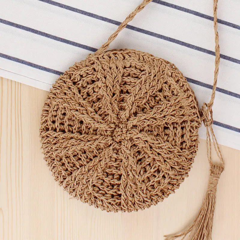 Simple round tassel women's crossbody straw woven bag Angel Wishes