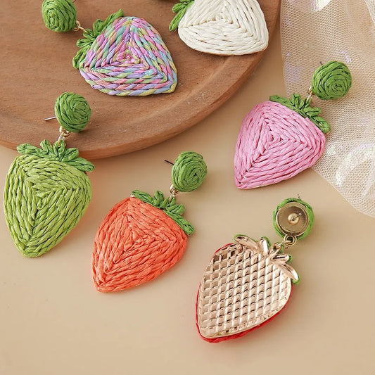 Raffia Woven Strawberry Earrings Vacation Style Angel Wishes