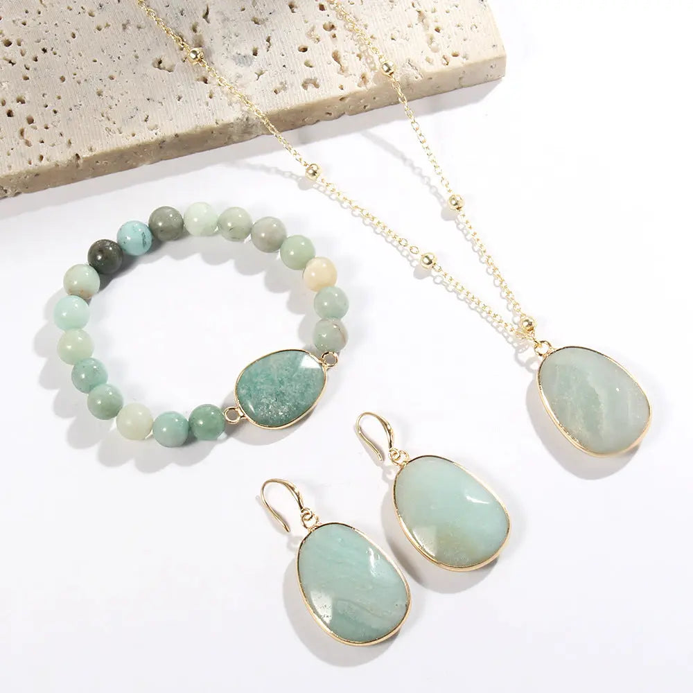Gold Chain Necklace Natural Stone Bracelet Earrings Women's Jewelry Set Angel Wishes